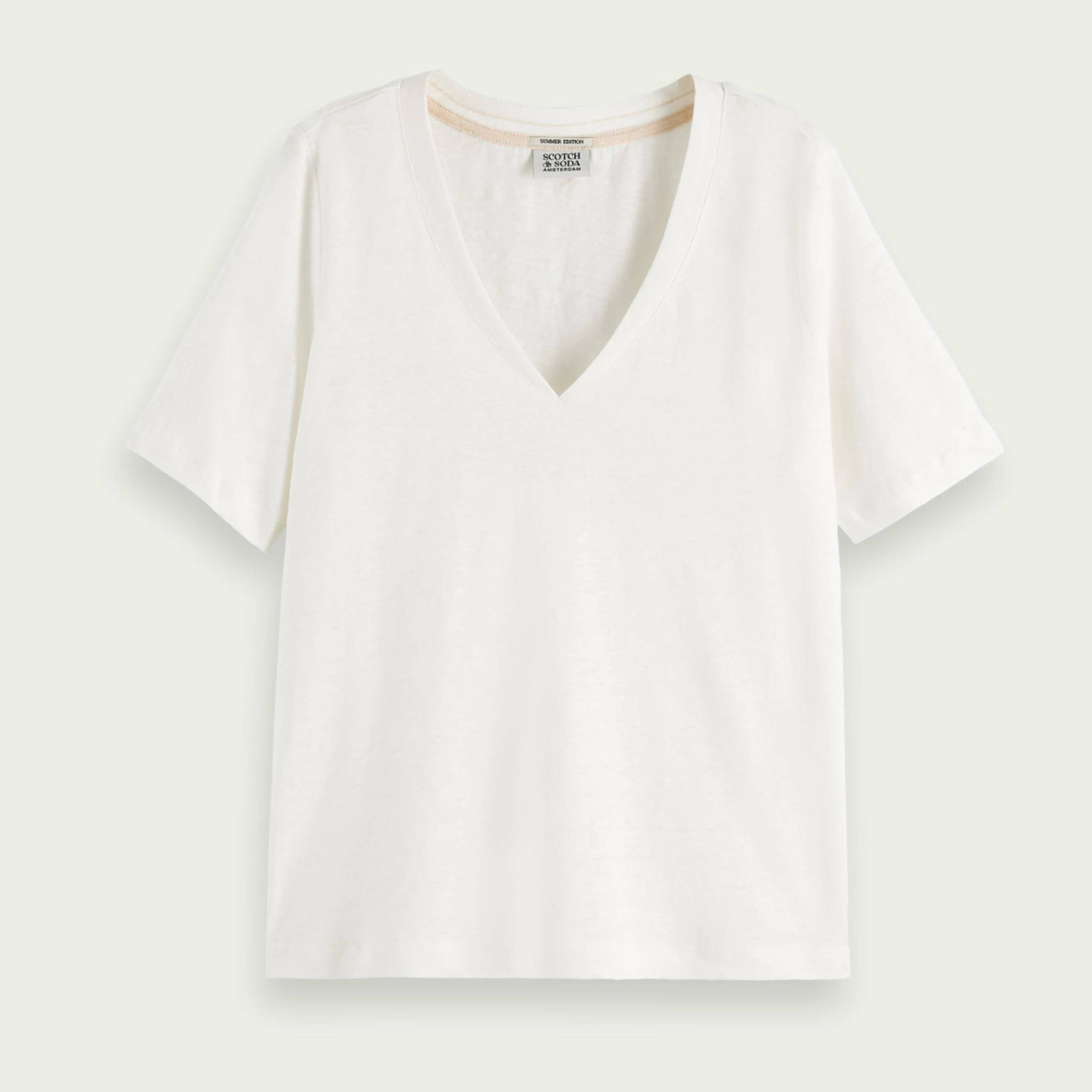 Classic Linen V-Neck T-Shirt (Off White) - Image 3