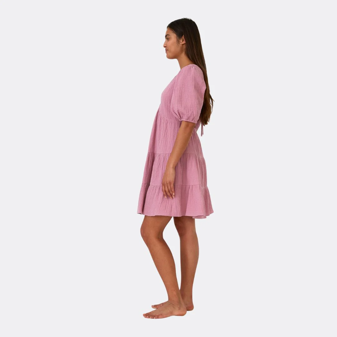 Cotton Puff Sleeve V Neck Tiered Mini Dress (Orchid) - Image 2