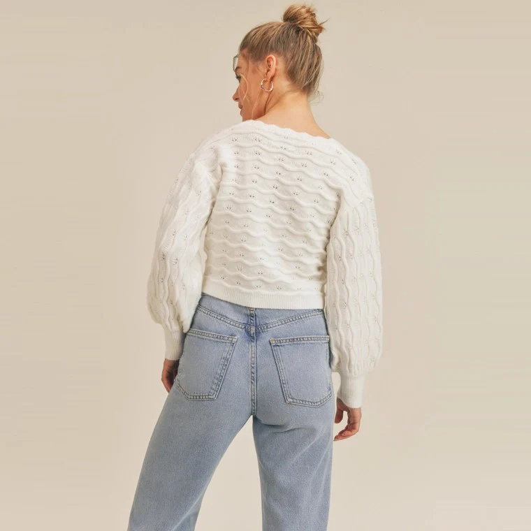 Pointelle Knit Sweater Cardigan (Cream) - Image 3