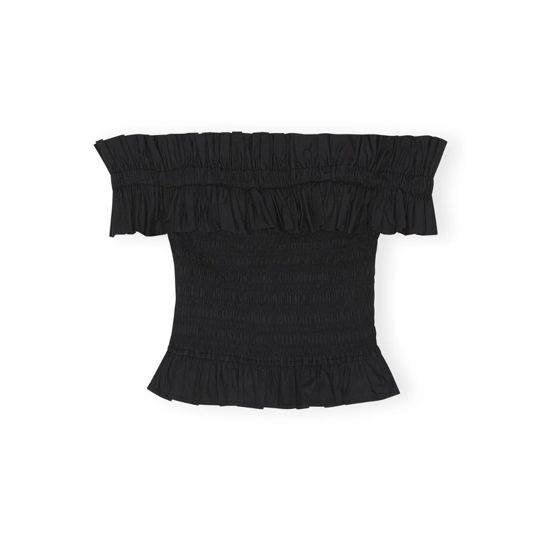 Poplin Off-Shoulder Smock Top (Black) - Image 2