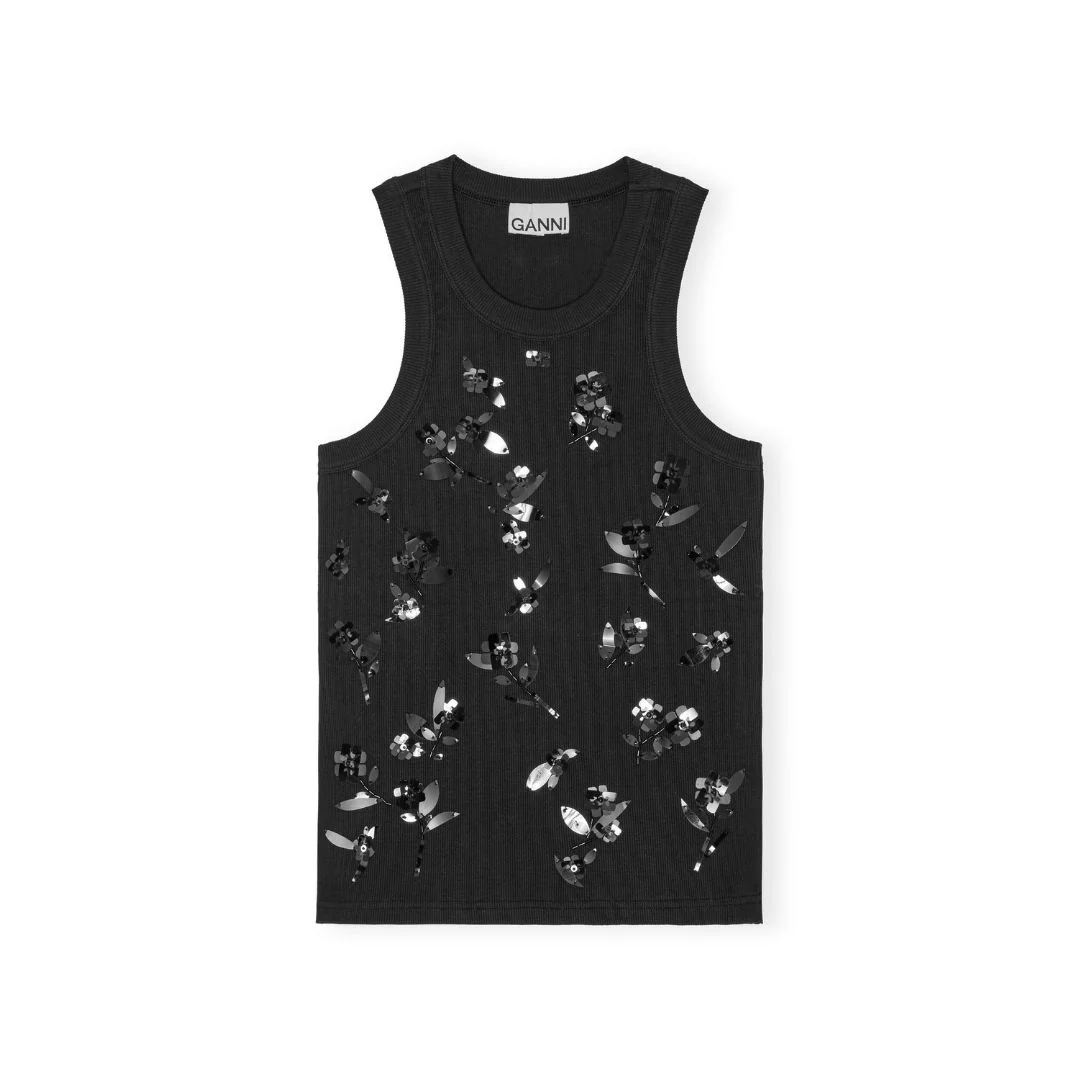 Rib Jersey Embellished Tank Top (Black) - Image 2