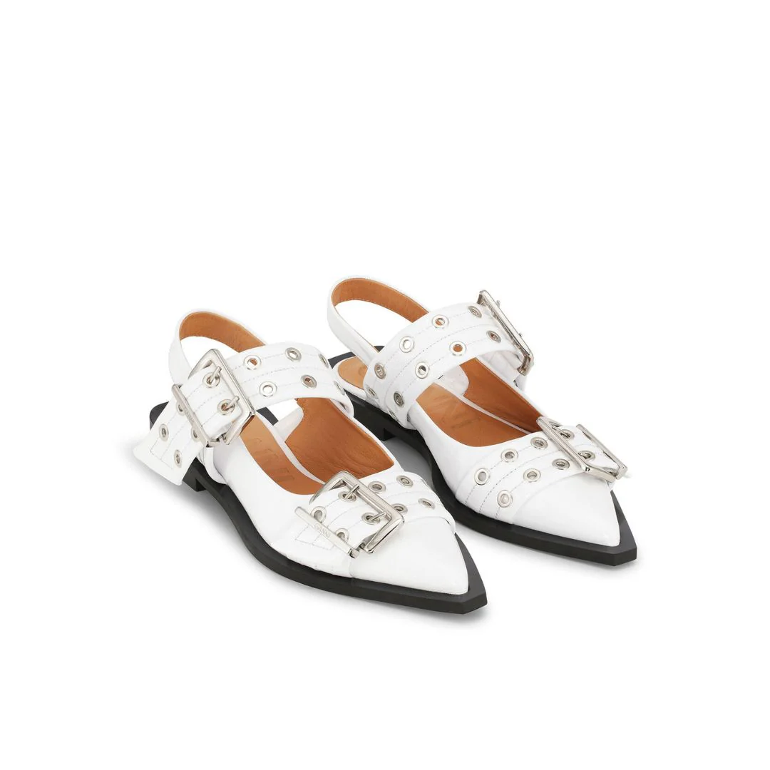 Wide Welt Buckle Ballerinas (White) - Image 2